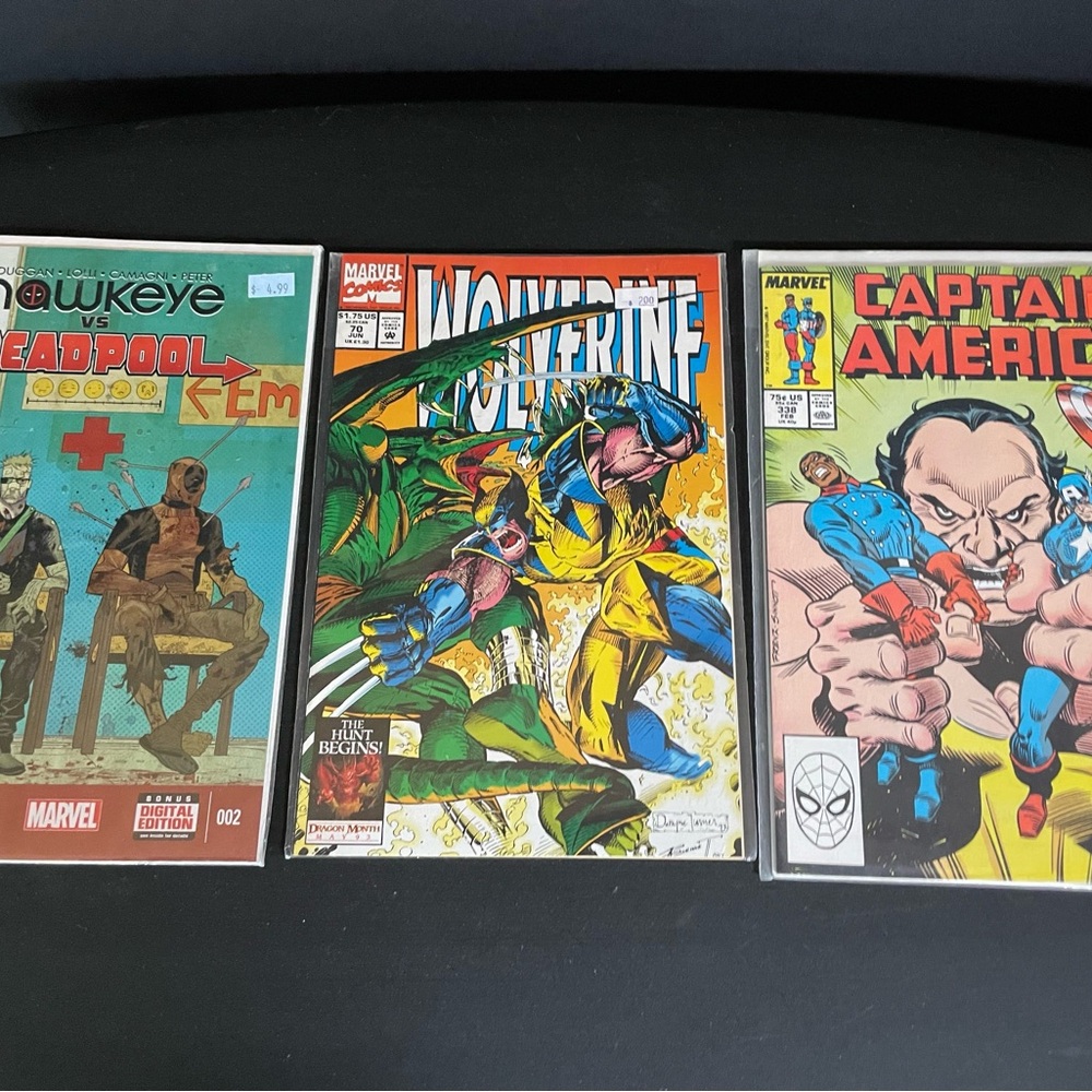 Marvel Comic Book Trio (Deadpool, Wolverine, Captain America)